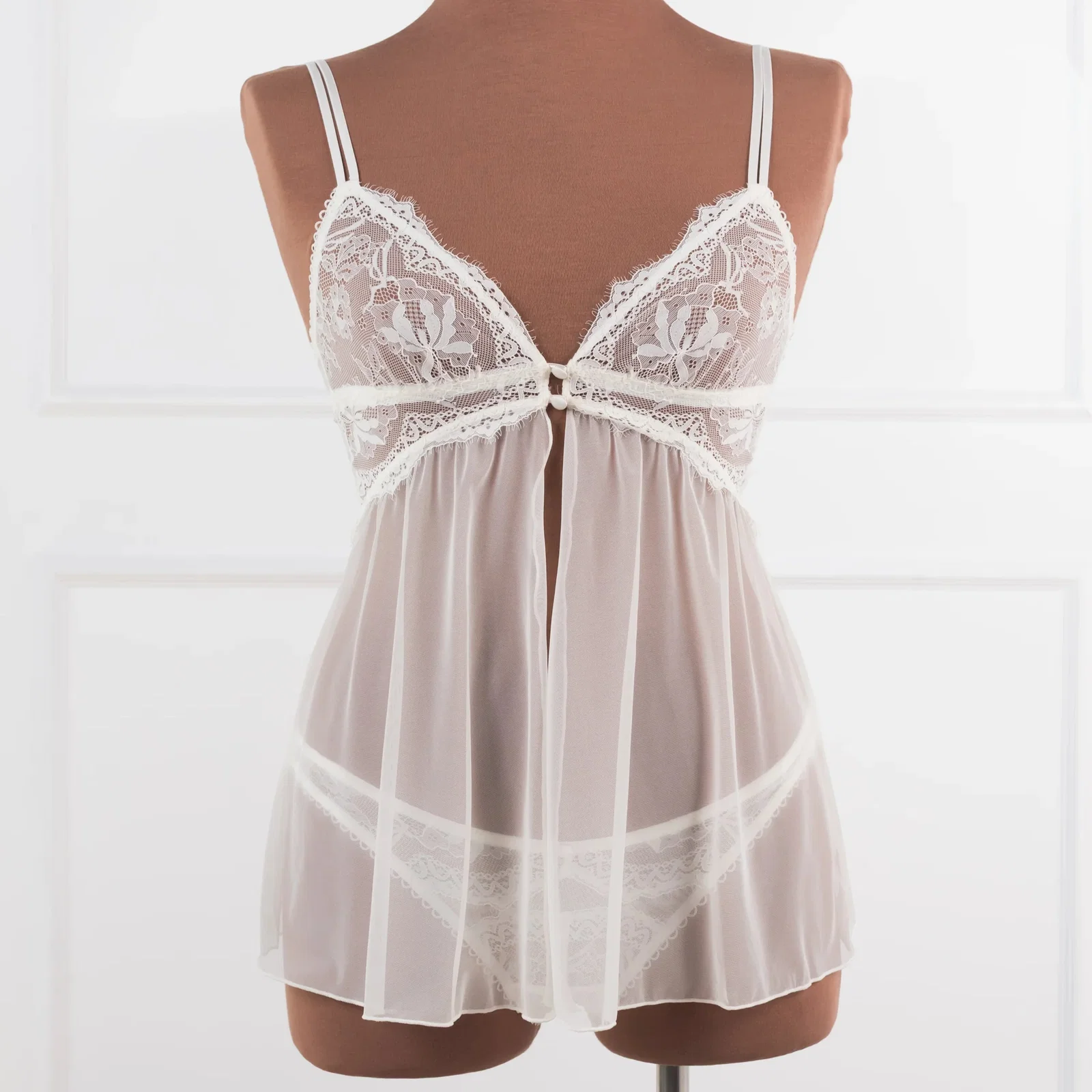 Image of Lace & Mesh Button Babydoll - Pearl