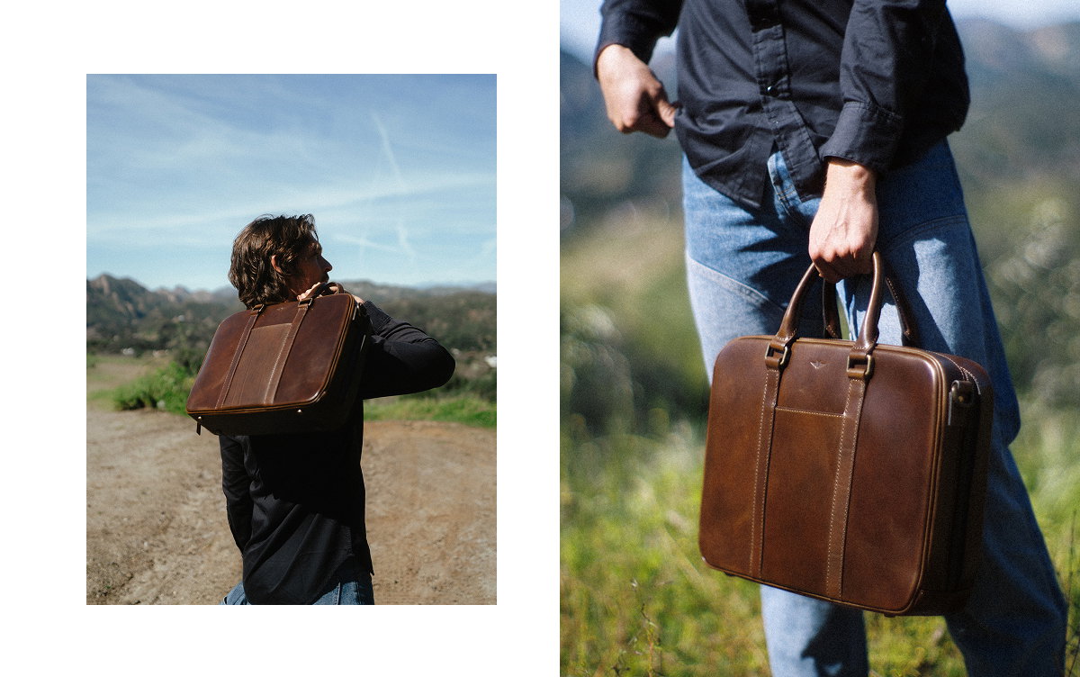 Man outdoors carrying a brown leather briefcase through a scenic mountain landscape, featuring close-up and over-the-shoulder lifestyle views.