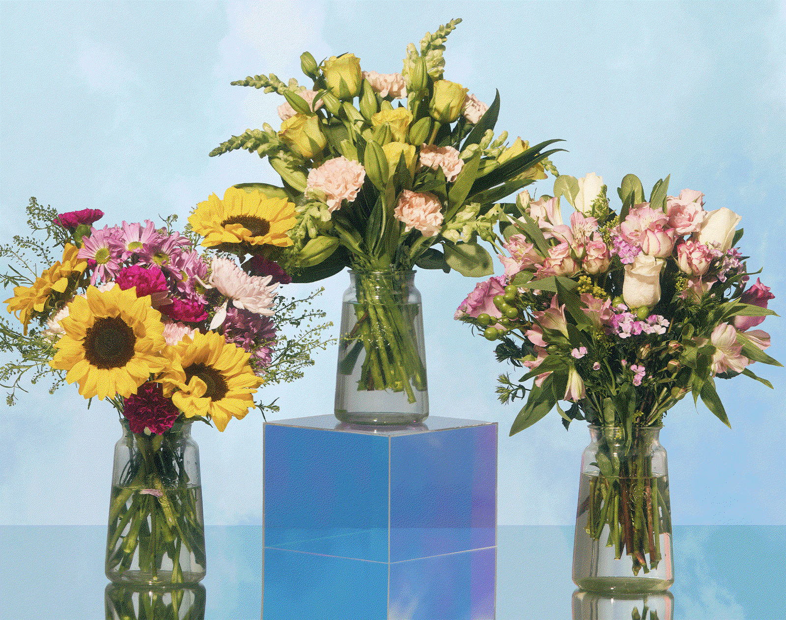 Images of subscription bouquets and adult kids with their mom. 