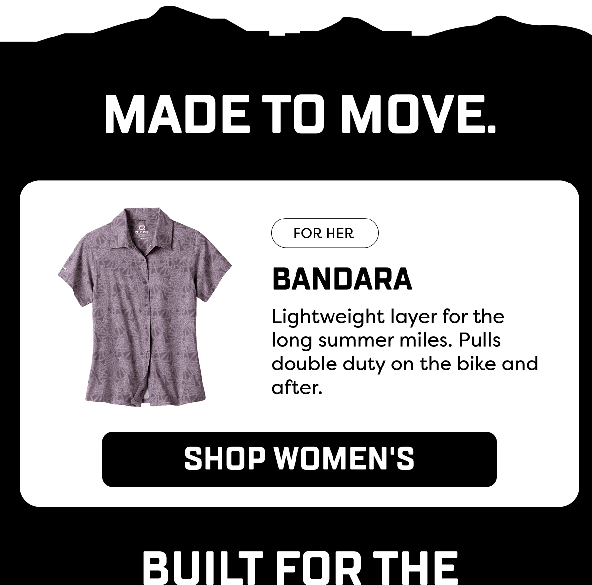 Lightweight layer for the long summer miles. Pulls double duty on the bike and after. 