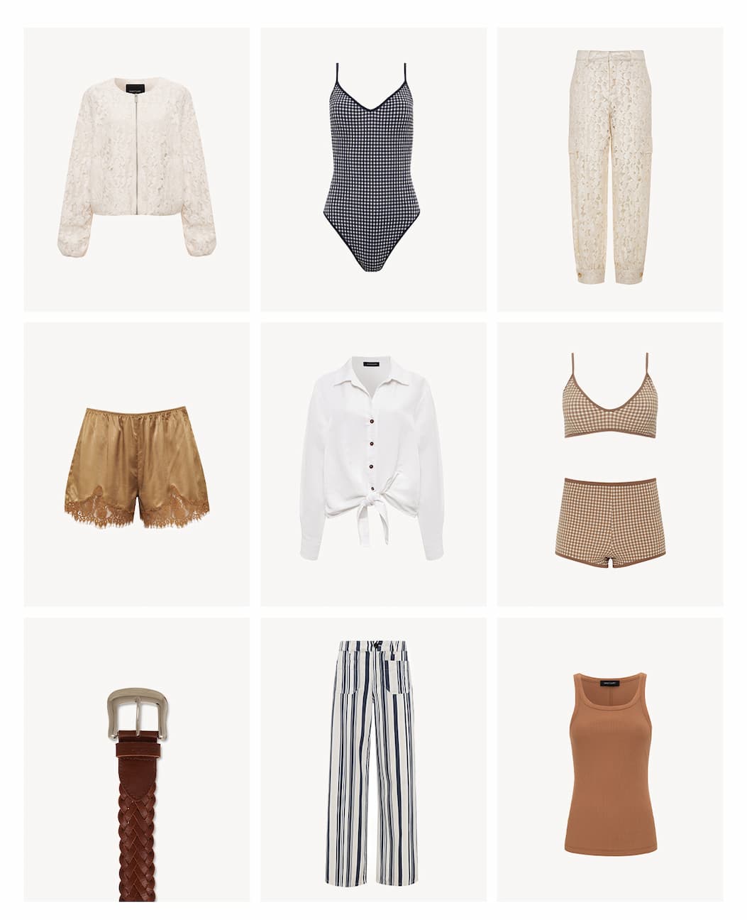 A 3x3 grid of clothing items including a cream jacket, checkered swimsuit, patterned pants, gold shorts, white tied blouse, checkered bralette and shorts set, brown belt, striped pants, and a brown tank top.