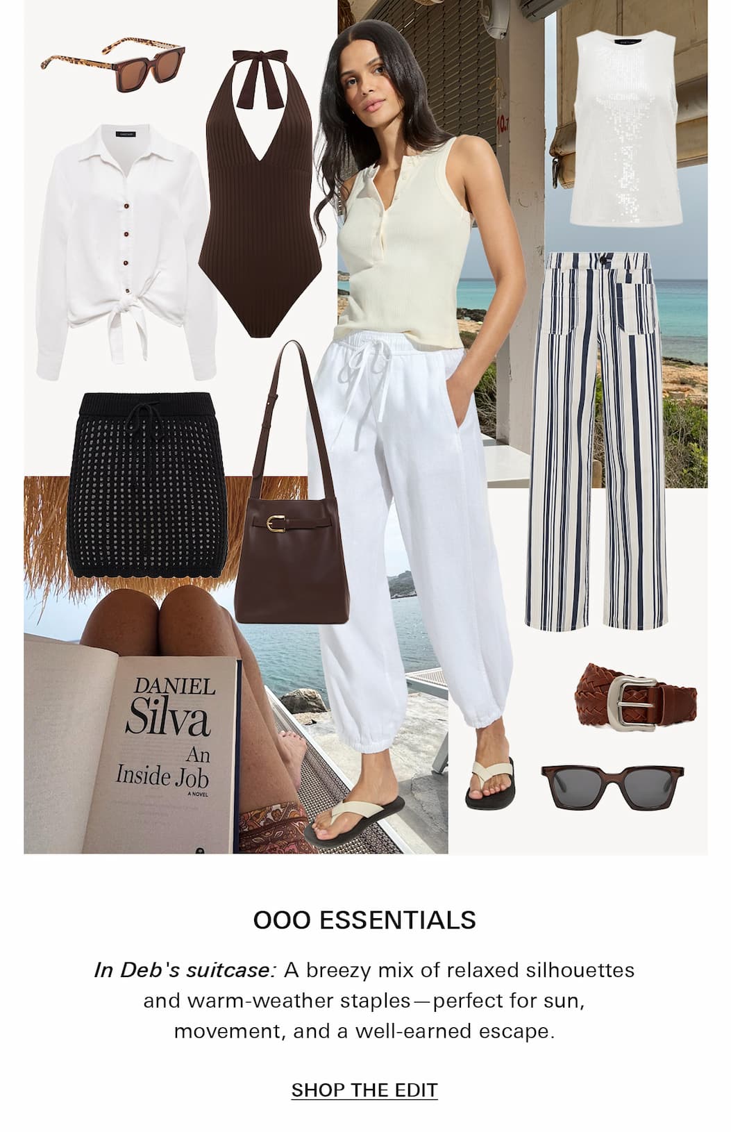 A collage of summer fashion essentials including a white blouse, brown halter swimsuit, cream knit tank top, white sequin tank, black shorts, striped pants, white linen pants, a brown belt, brown bag, sunglasses, tan sandals, and a book by the beach.