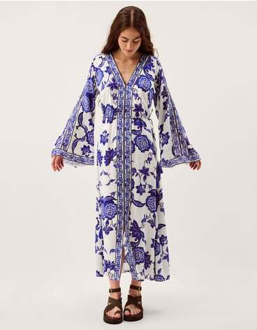 Gloria Floral Print Maxi Beach Dress Blue