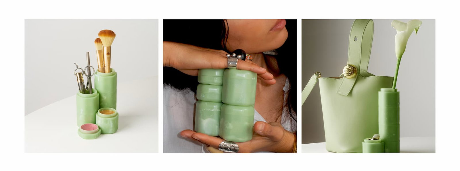 Click to shop The Jade Collection. Images of Jade Capsules on display in art form.
