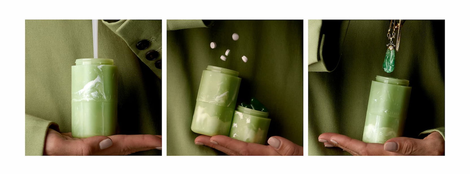 Click to shop The Jade Collection. Image of Jade Capsules being filled with liquids, supplements and jewelry.