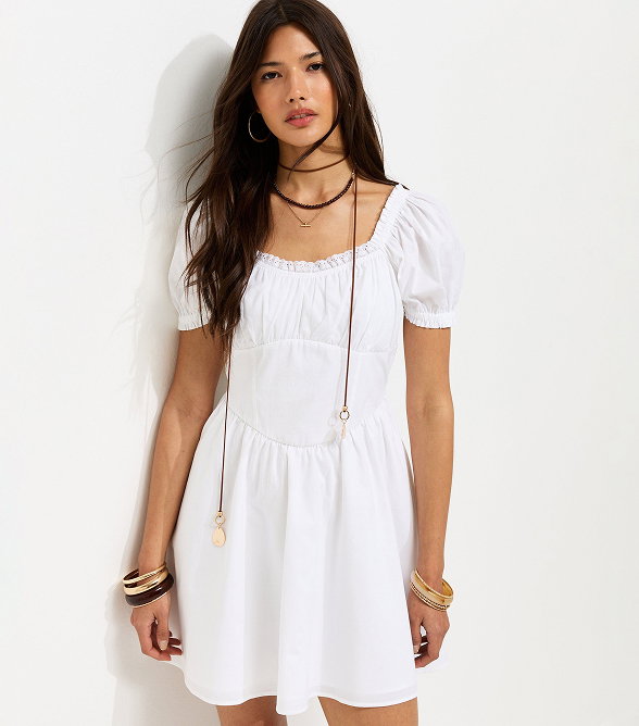 White Cotton Lace Trim Corset Waist Milkmaid Mini Dress