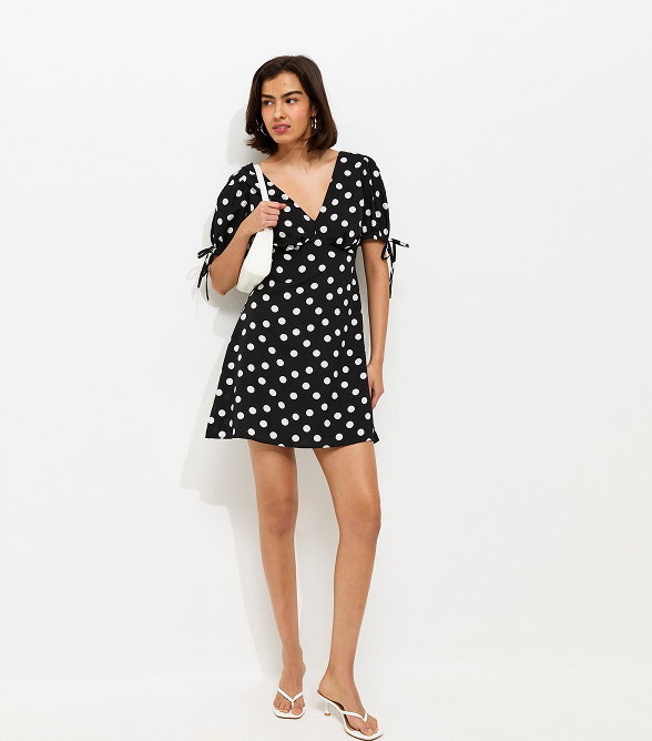 Black Crepe Polka Dot Tie Sleeve Mini Dress