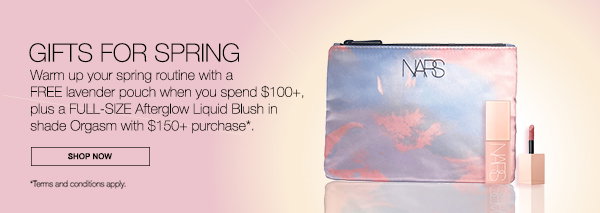 Gifts for spring. Get a free lavender pouch when you spend $100+, plus a FREE full-size Afterglow Liquid Blush in Shade Dolce Vita with $100+