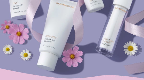 SkinMedica best-sellers surrounded by a pink ribbon, daisies and cosmos