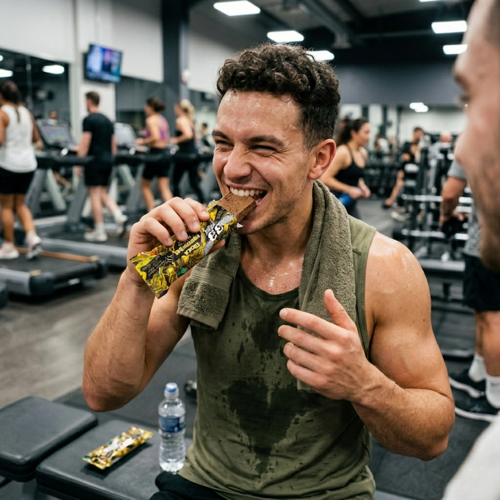man enjoying eroica protein bar in the gym