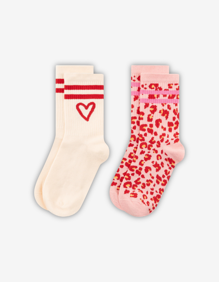 2 Paar Socken aus Baumwoll-Jacquard mit Leo- und Herz-Motiv