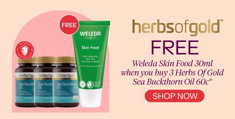Buy 3 units of Herbs Of Gold Sea Buckthorn Oil 60 capsules & get 1 free Weleda Skin Food 30ml