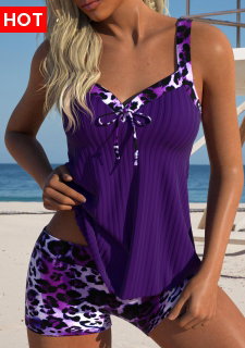ROTITA Patchwork Dark Purple Leopard Mid Waisted Tankini Set