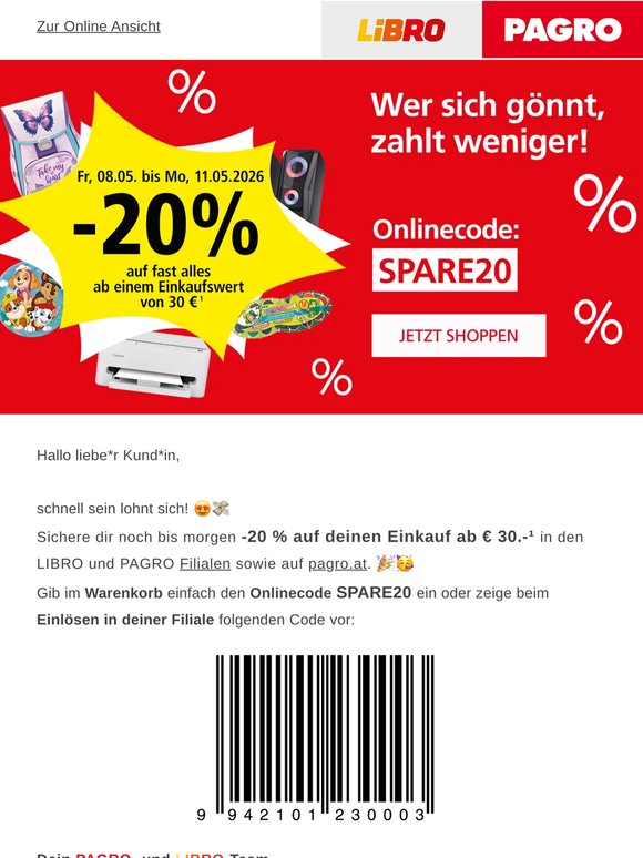 Nur noch für kurze Zeit: -20% auf deinen Einkauf 🥳🎉