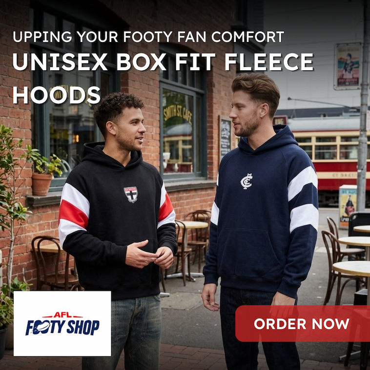 Two men outside a cafe wearing AFL Box Fit Hoods