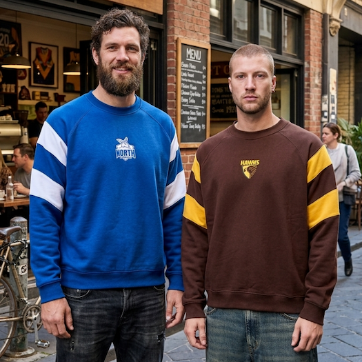 Two men outside a cafe wearing our new AFL Splice Crew