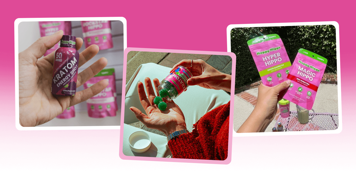 Hands holding and pouring kratom gummies and bottles in lifestyle product shots