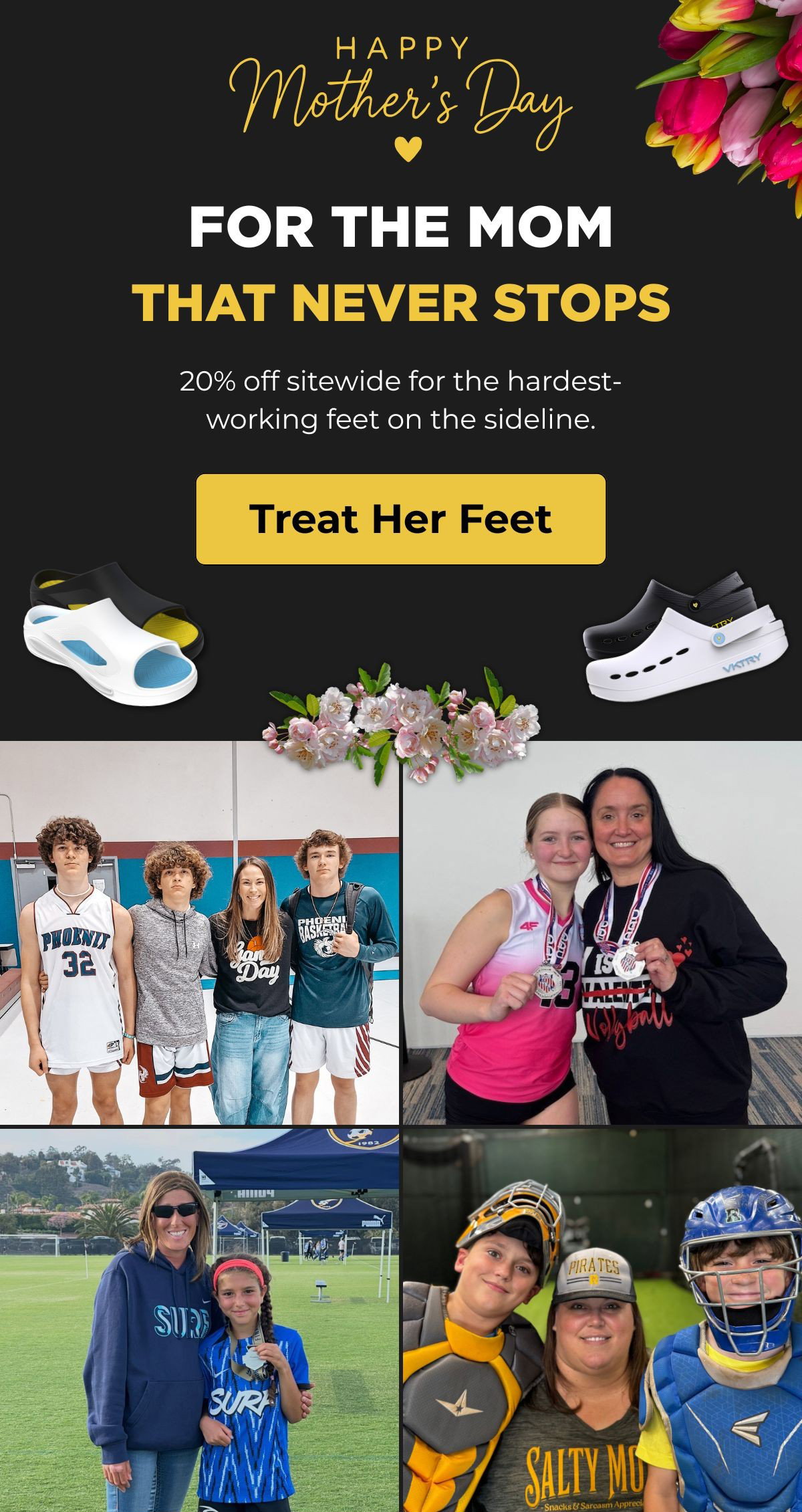 Happy Mother's Day graphic featuring sports moms with their athletes on the sideline. For the mom that never sits down: get $20 off Recovery Footwear with code MOM20. Treat Her Feet.