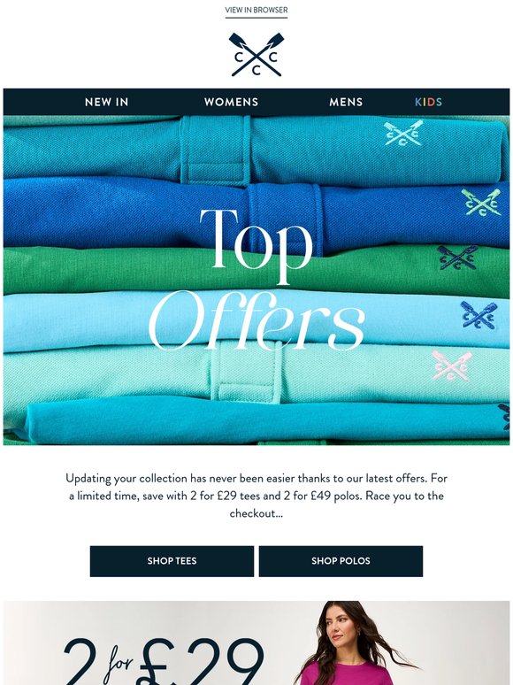 2 for £29 tees & 2 for £49 polos continues