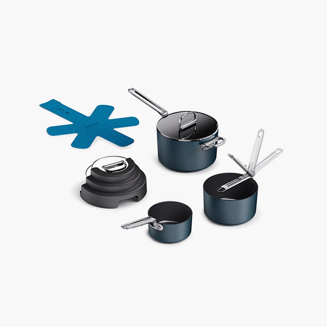 Space Stack Folding Handle Non-Stick 3-Piece Blue Saucepan Set With Lid Storage
