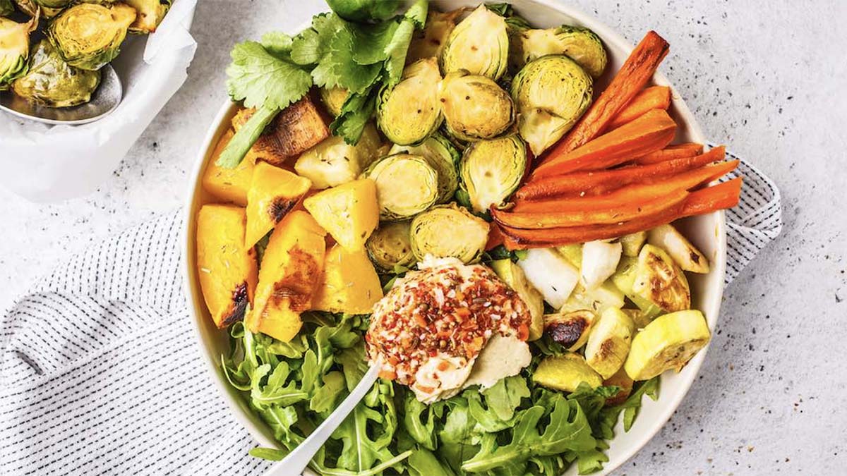Carmelized Veggies & Arugula Salad with Moroccan Spiced Sauce