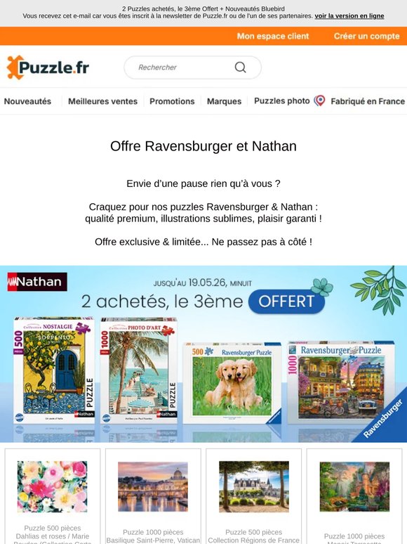 2 Puzzles achetés, le 3ème Offert + Nouveautés Bluebird