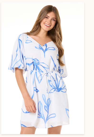 Shop Blue Floral Balloon Sleeve Dress