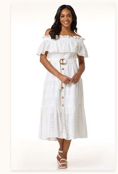 Shop Eyelet Flounced Off Shoulder Dress