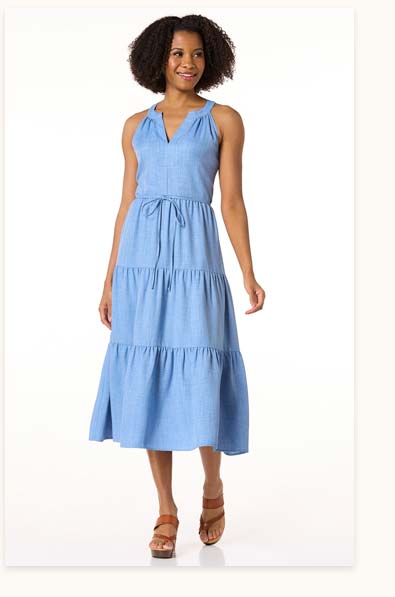 Shop Tiered Chambray Tie Back Dress