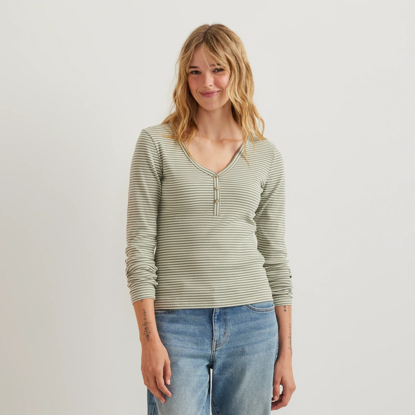 Image of Women's Long-Sleeve Ribbed Henley T-Shirt - Stripe