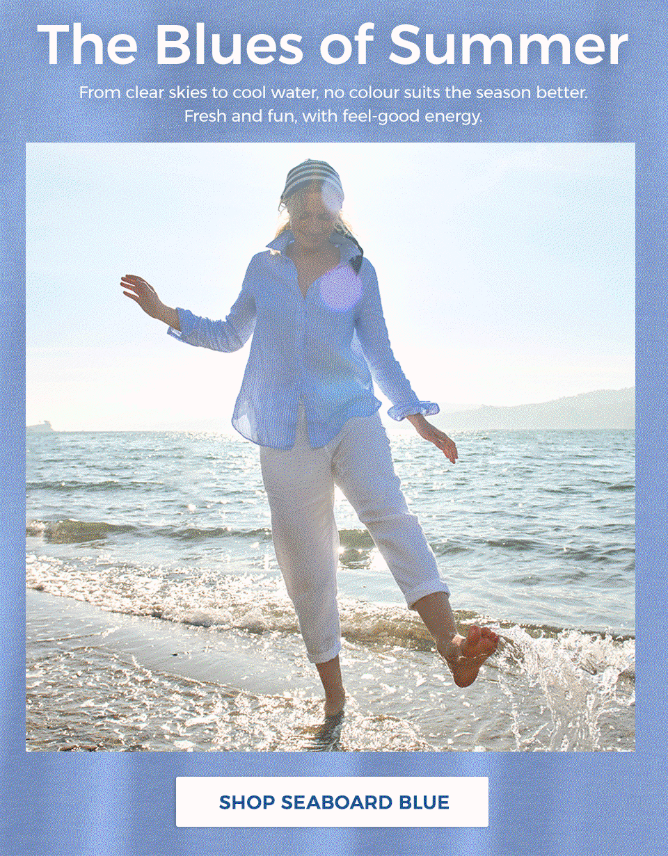 The Blues of Summer  From clear skies to cool water, no color suits the season better. Fresh and fun, with feel-good energy. Images of people at the beach.