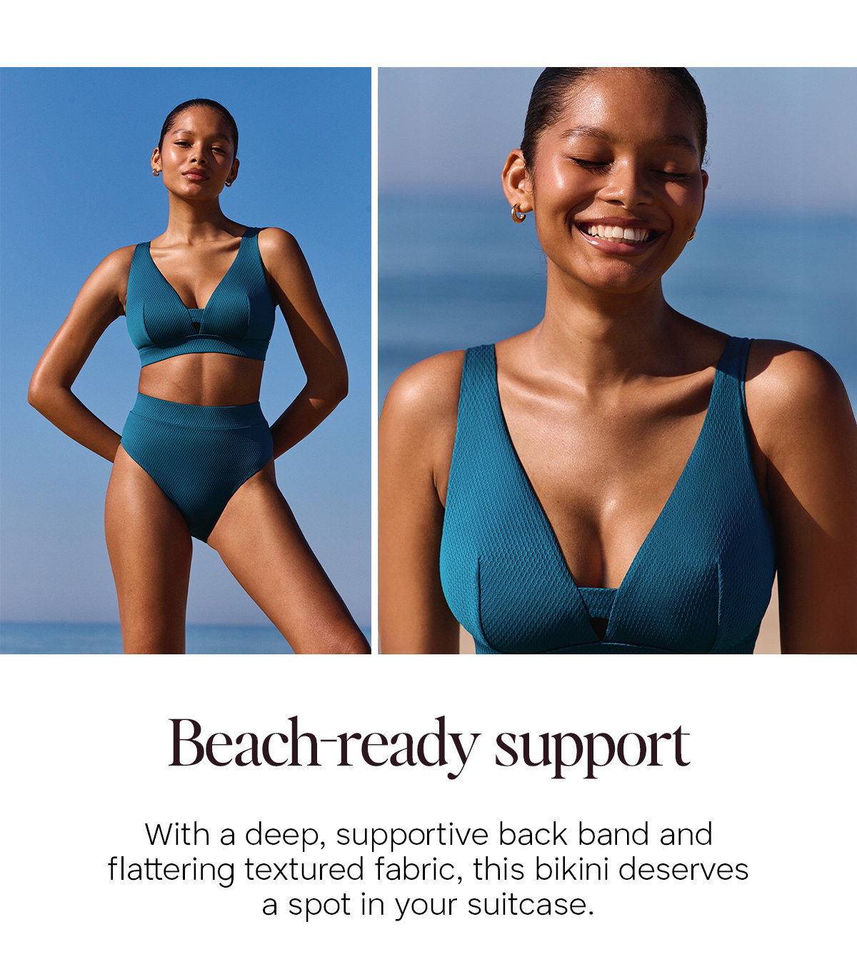 Beach-ready support. With a deep, supportive back band and flattering textured fabric, this bikini deserves a sport in your suitcase. Model wears Christina Bikini in teal.