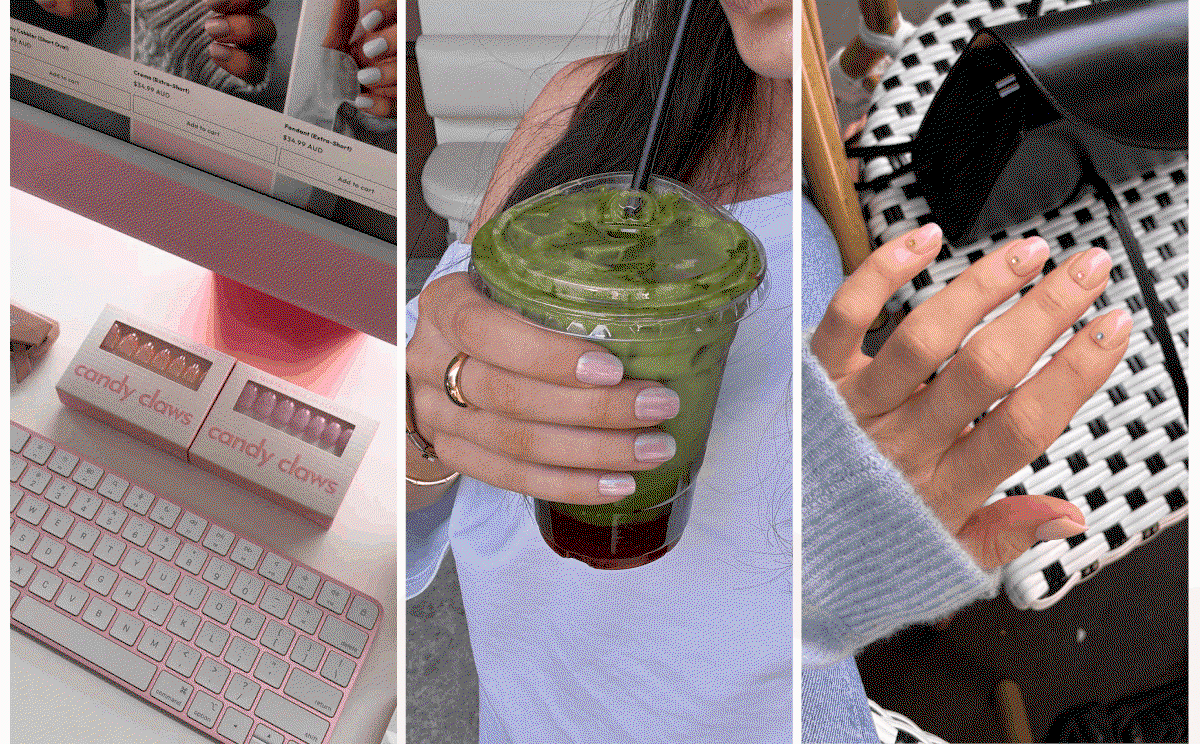 Three lifestyle photos showing manicured hands typing, holding green drink, and relaxing in checkered top