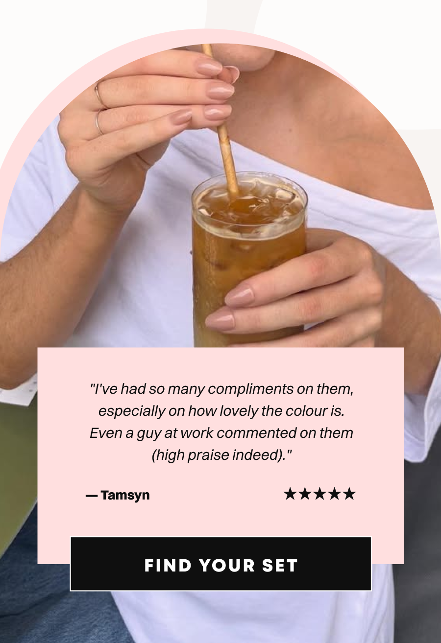Woman with nude press-on nails stirring iced coffee with customer review testimonial from Tamsyn praising compliments