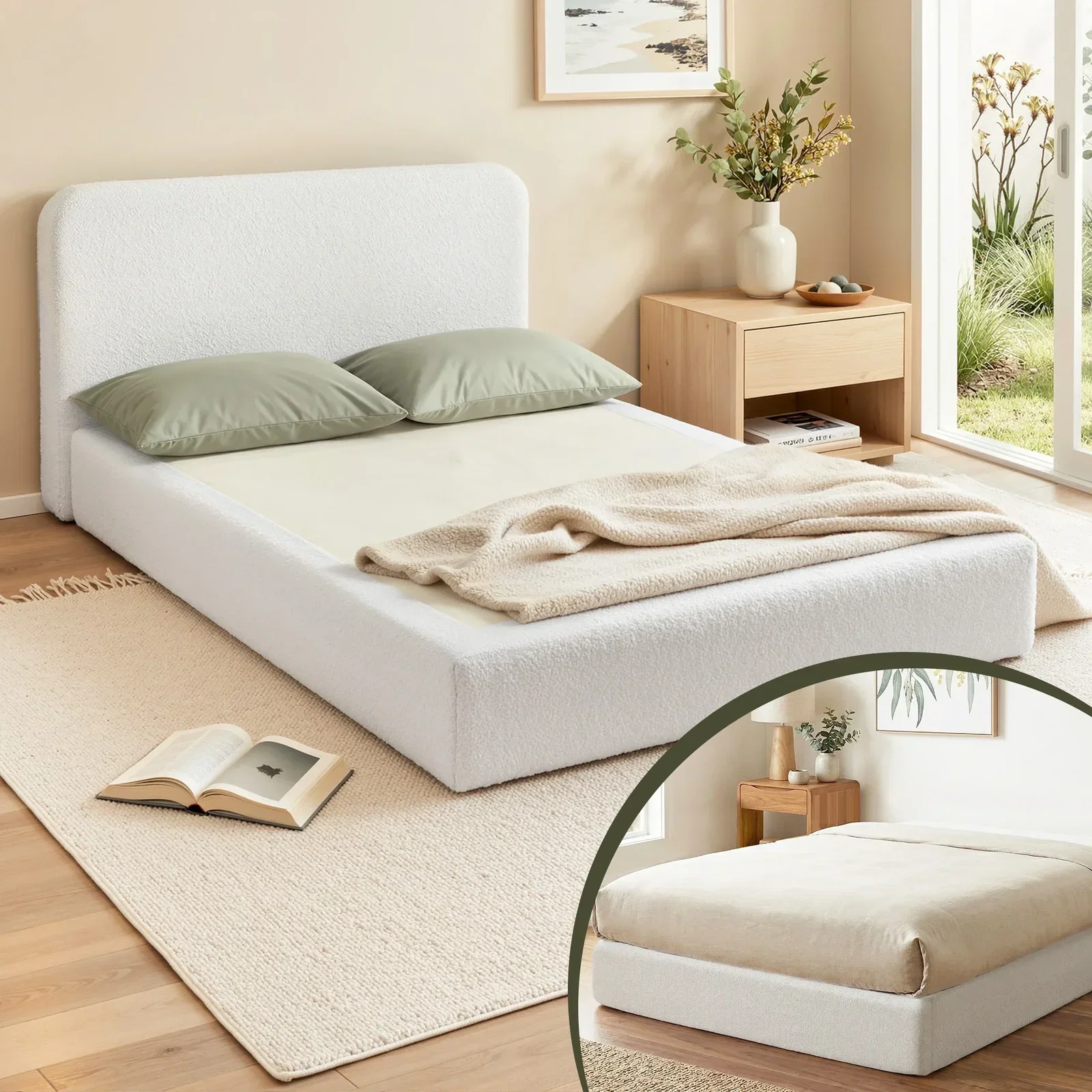 Artiss Compression Bed Frame Double Size No Assembly Vacuum High Density Sponge Boucle Cream White