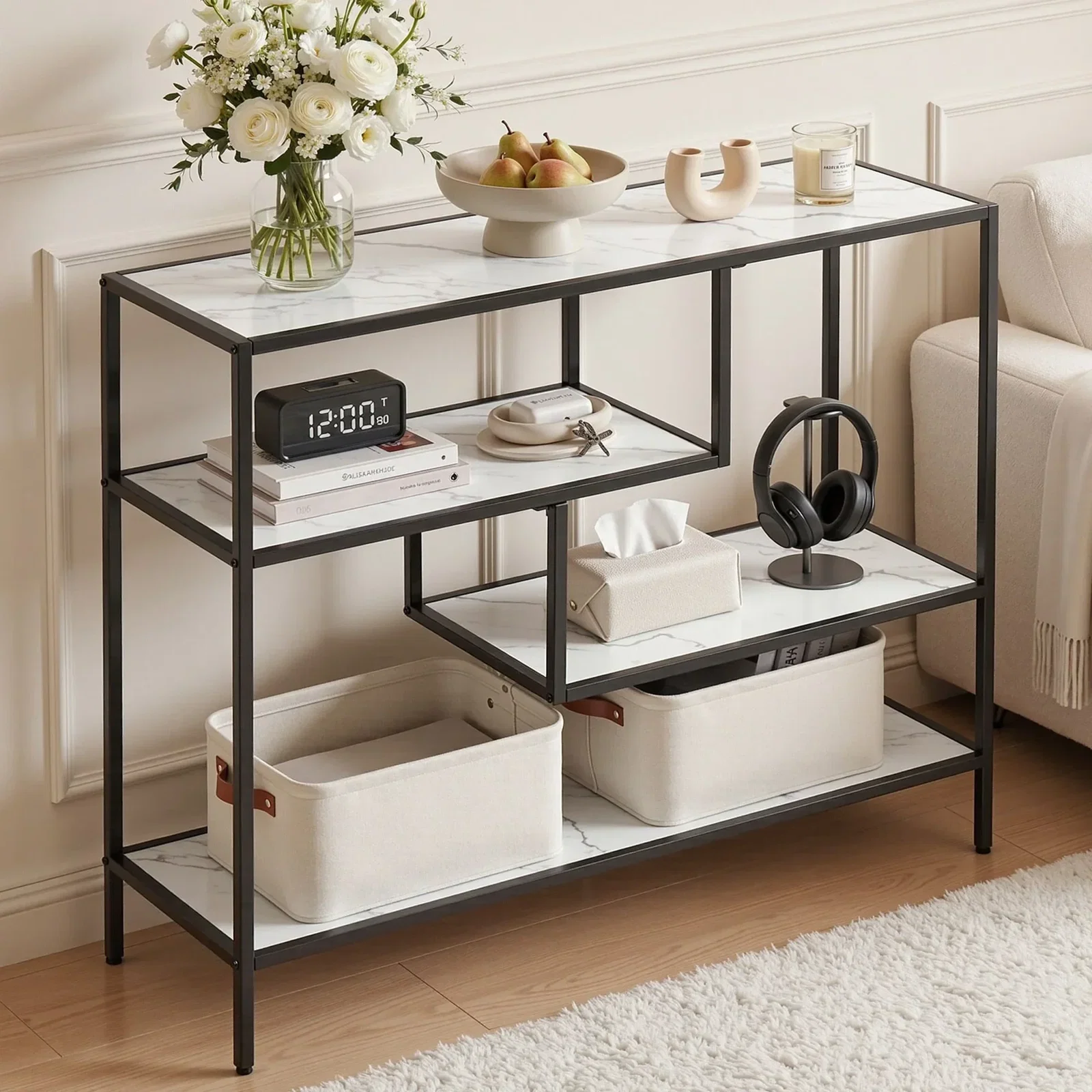 Artiss Console Table Entryway Hallway Marble Effect 4-Tier Storage Shelves White