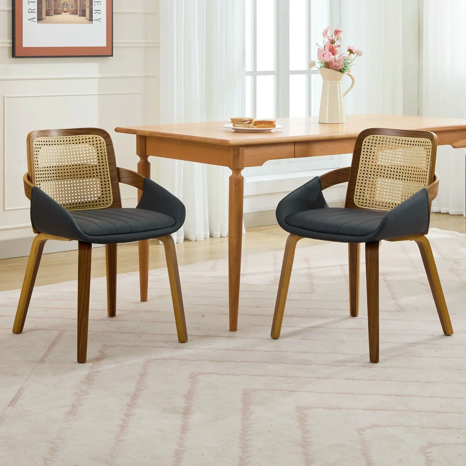 Set of 2 Rattan Back Dining Chairs, Black Faux Leather