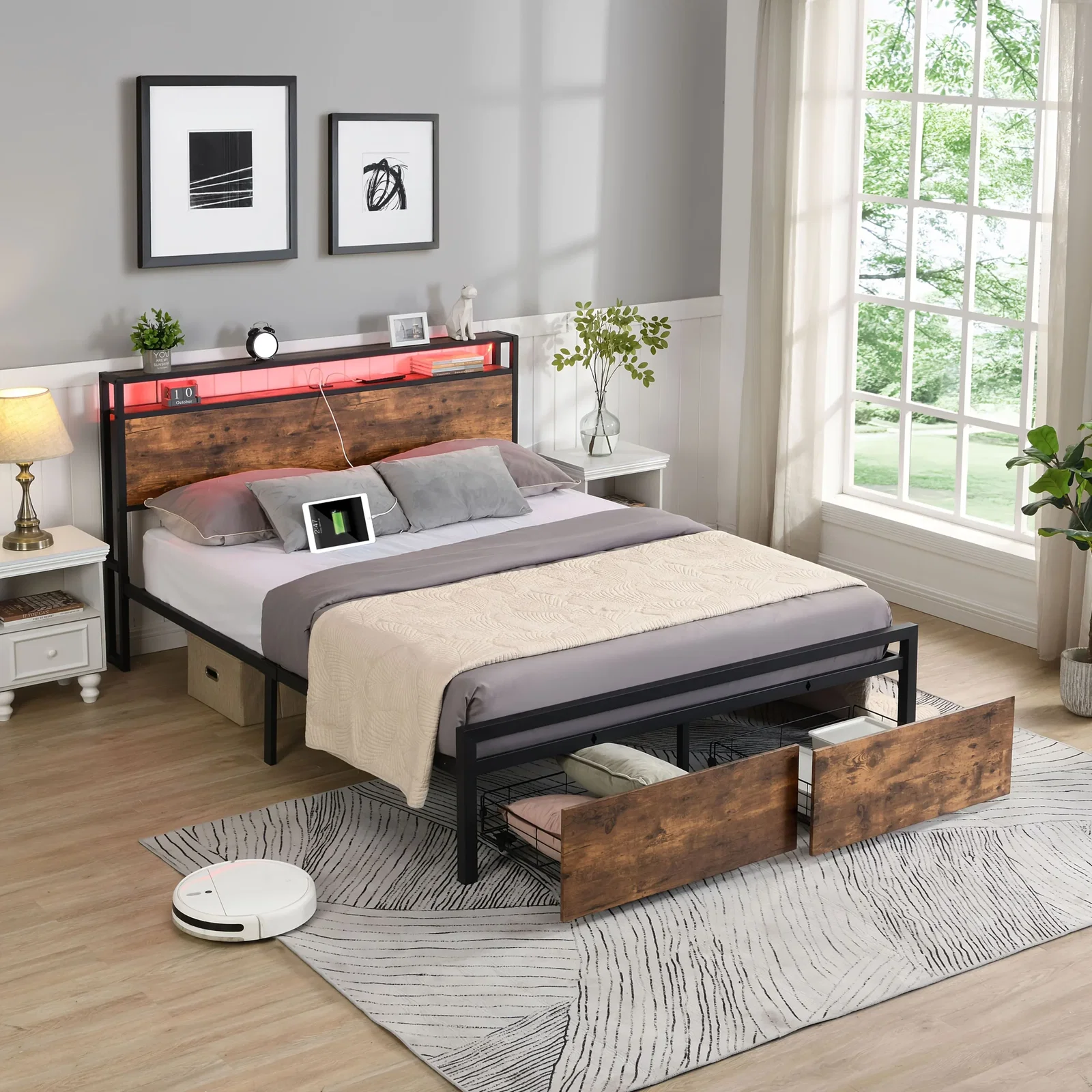 Queen Bed Frame with Storage, Industrial Bed with Led Lights Headboard and 2 Drawers, Wooden Bed Frames with Charging Station, Noise Free, No Box Spring Needed, Easy Assembly,
Rustic Brown