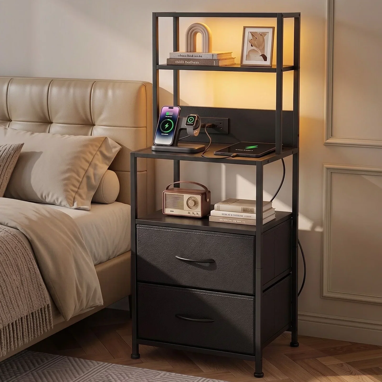 Artiss Bedside Table Tall Nightstand with Charging Station Drawers LED Black