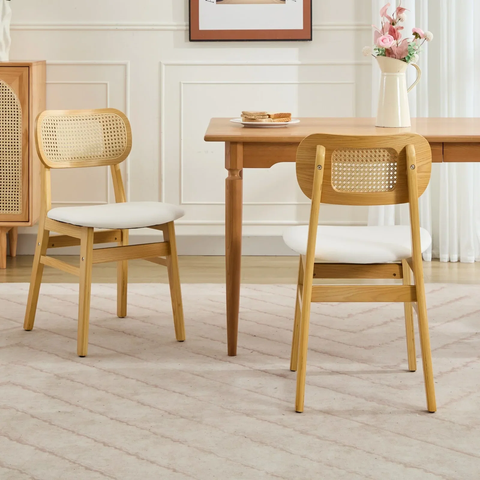 Rattan Back Dining Chairs Set of 2, White Faux Leather