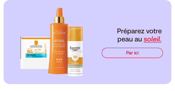 Bannière sur la protection solaire: des soins de La Roche-Posay, Institut Esthederm et Eucerin avec indice de protection eleve sont presentes. Le message invite a preparer la peau au soleil et a decouvrir des produits adaptes pour une protection efficace.