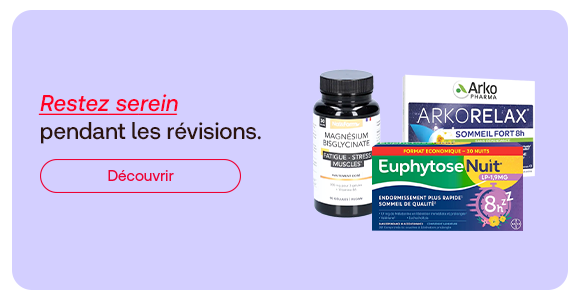 Bannière sur la detente pendant les revisions: des complements alimentaires et produits a base de plantes pour le sommeil et la gestion du stress sont presentes. Le message met en avant le calme et invite a decouvrir des solutions adaptees pour mieux vivre cette periode.