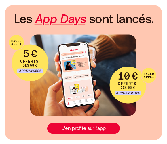 Bannière «App Days»: une personne tient un smartphone affichant une application d’achat. Des offres exclusives sont mises en avant: 5 € dès 59 € et 10 € dès 89 €, valables uniquement via l’app. Invitation claire à profiter facilement des avantages depuis l’application.
