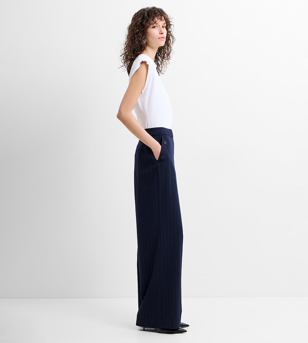 Alia Pinstripe Button Detail Wide Leg Trousers