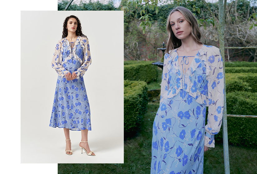 Naomi Floral Long Sleeve Frill Midi Dress