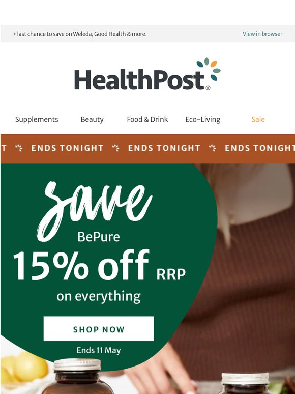 Ends tonight: 15% off all your BePure favourites 💚