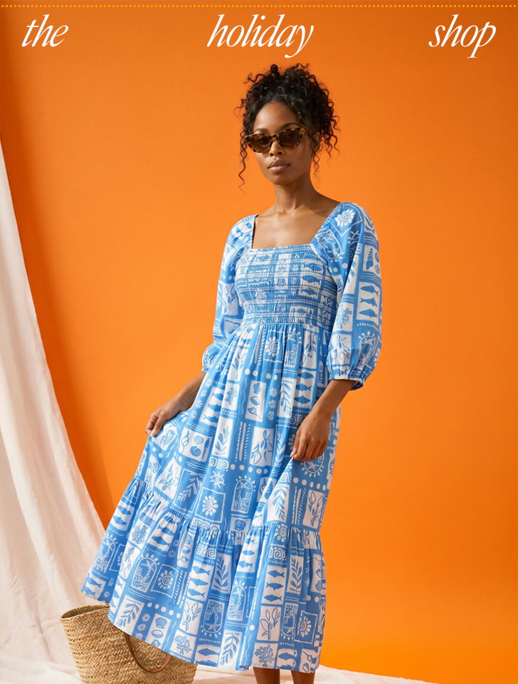 Blue Seashell Tile Shirred Midi Dress