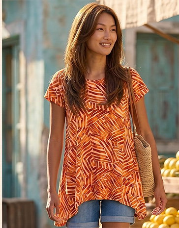 Orange Abstract Print Hanky Hem Tunic Top