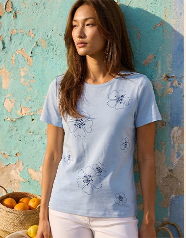 Blue Embellished Flower Cotton T-Shirt