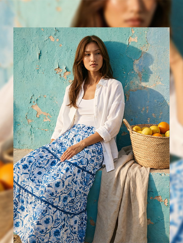 Blue Floral Print Tiered Skirt
